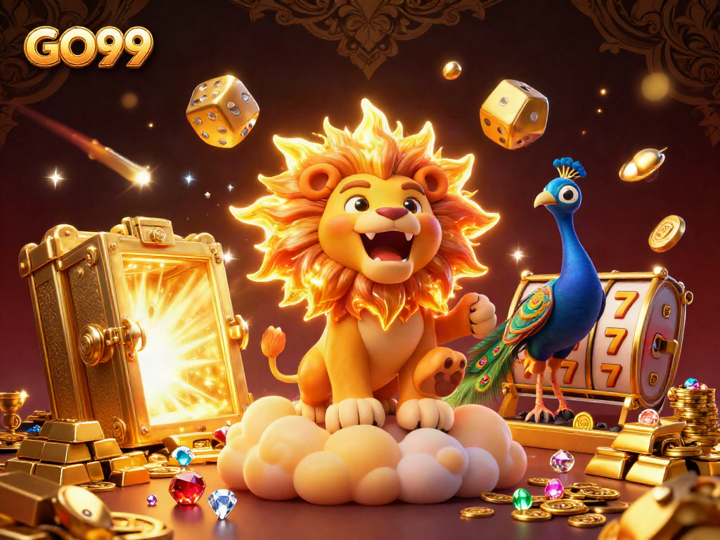 Experience thrilling gameplay at GO99 with a roaring lion and dazzling casino elements.