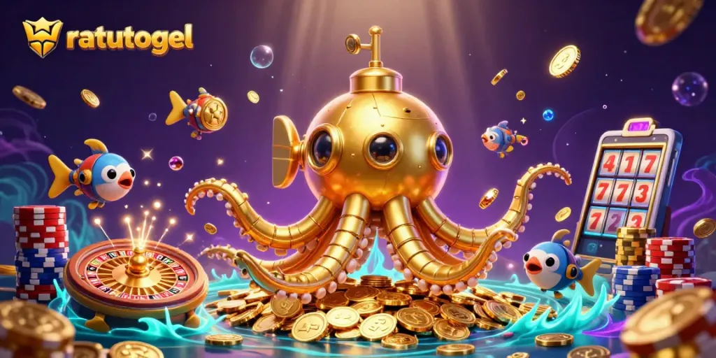 Experience the excitement of ratutogel with a vibrant underwater casino scene filled with gold coins and winning symbols.