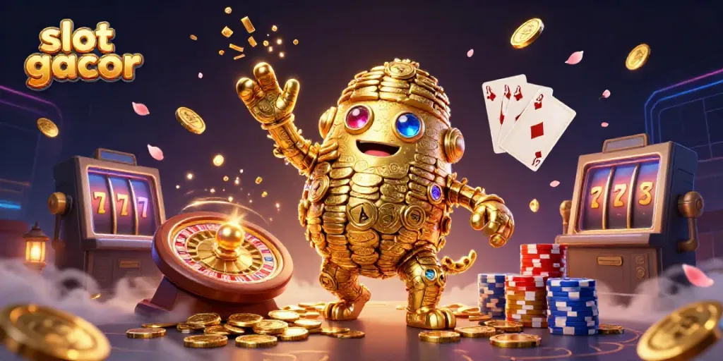 Pemain mengakses slot gacor melalui layar smartphone, dengan simbol keberuntungan dan koin emas terbang ke arah kamera.