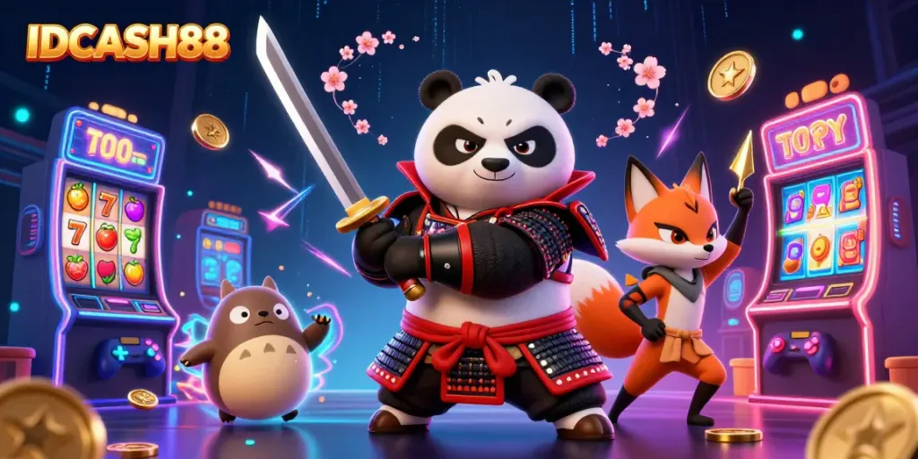 IDCASH88 elevates gaming with vibrant slot machines and animated characters in a dynamic casino scene.