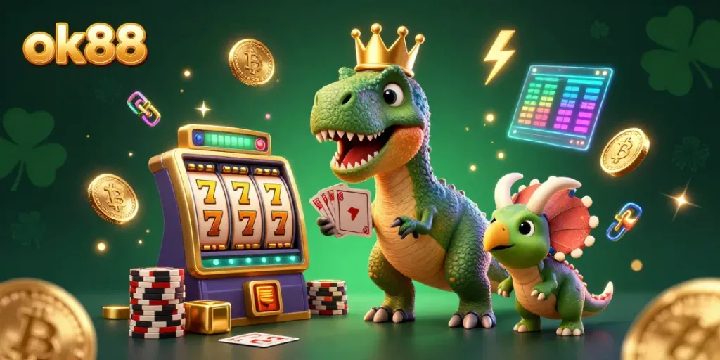 Engage in thrilling gameplay at ok88 with vibrant slots, friendly dinosaur characters, and glowing crypto coins.