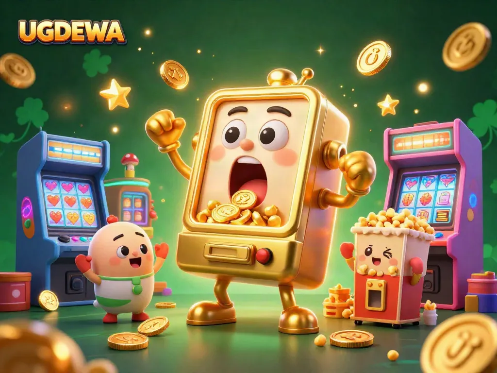 Experience jackpot thrills with UGDEWA's vibrant 3D cartoon scene featuring golden slot machines and game elements.