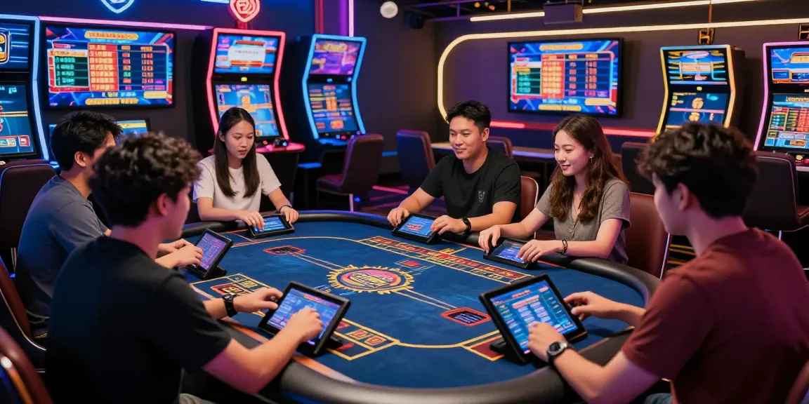 Pengunjung bersemangat bermain rajatogel di meja digital, suasana kasino modern dan penuh warna.