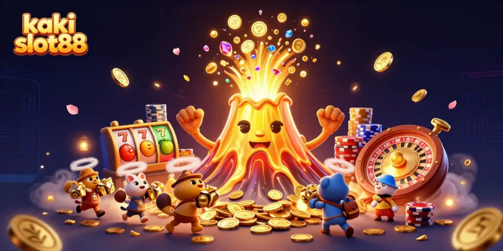 Kaki slot88 menghadirkan suasana kegembiraan dengan fitur slot dan reaksi karakter dalam ilustrasi 3D yang ceria.