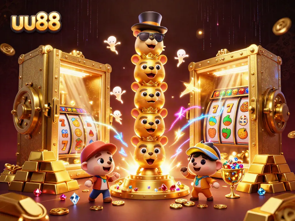 Experience the thrill of uu88's vibrant casino adventure with a dynamic illustration of animated totem poles and treasures.