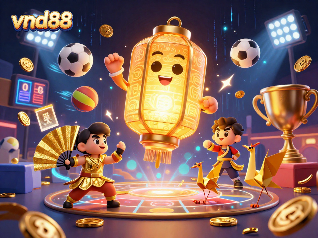 Experience vibrant gaming excitement with vnd88's dynamic 3D illustration of spirited characters and sports elements.