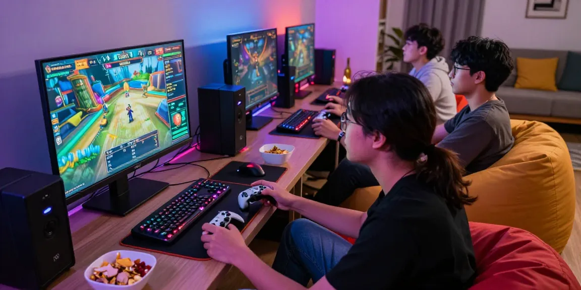 Friends enjoying an interactive situs togel gaming session with vibrant LED lighting, controllers in hand, and snacks on the table.
