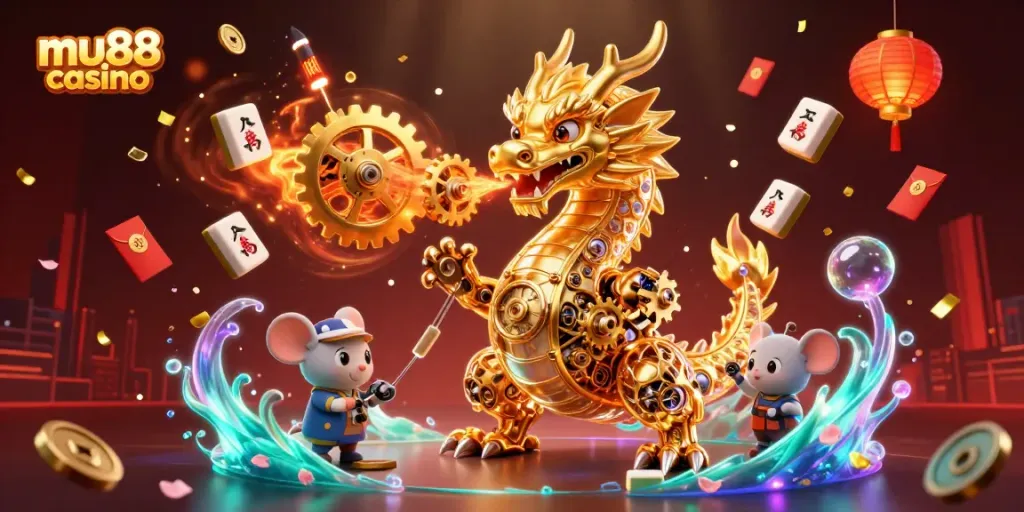 Experience the excitement at mu88 casino with a captivating golden dragon and vibrant gaming elements.
