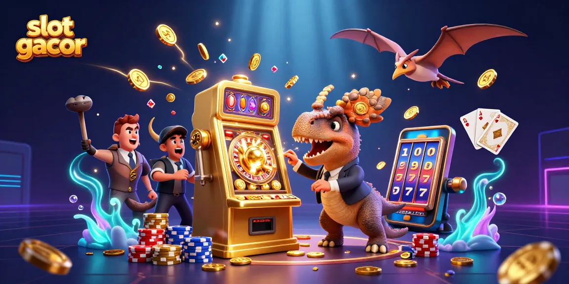 Slot gacor menghibur dengan dinosaurus dan mesin slot, menang besar dalam casino.