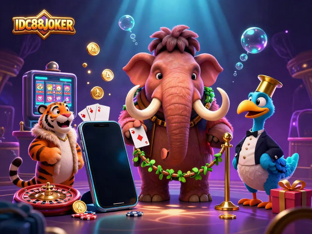 Check IDs at IDC88JOKER with a colorful slot game display, VIP characters, and vibrant casino elements.