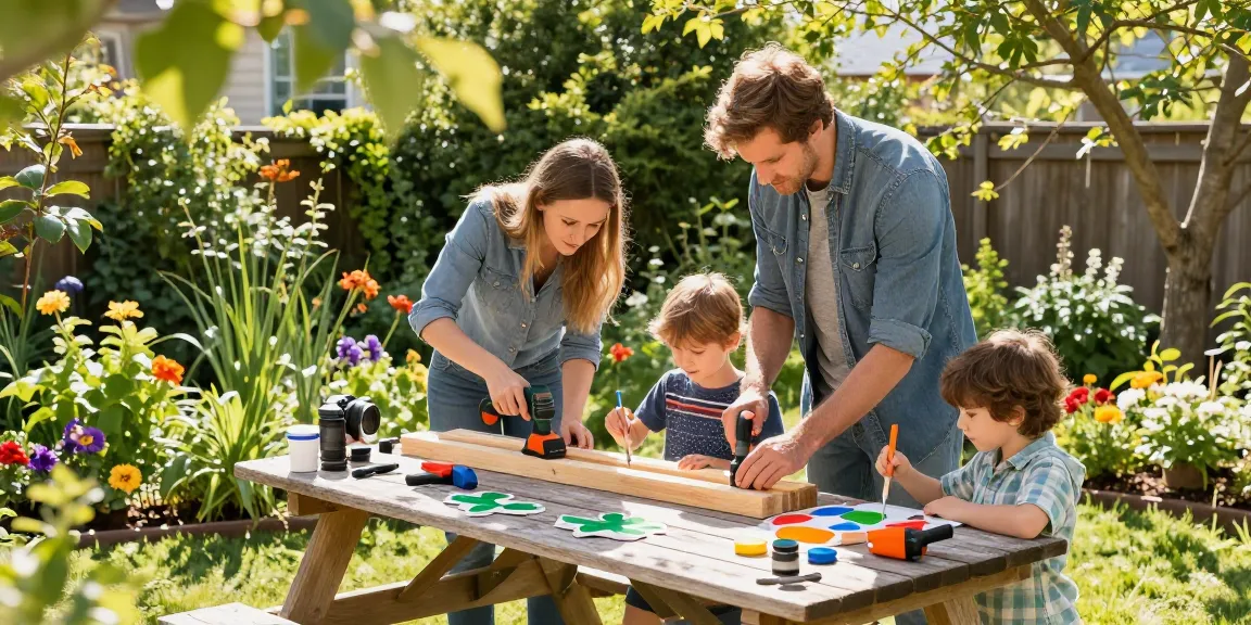 Family creating a link slot in their garden with colorful decorations and tools.