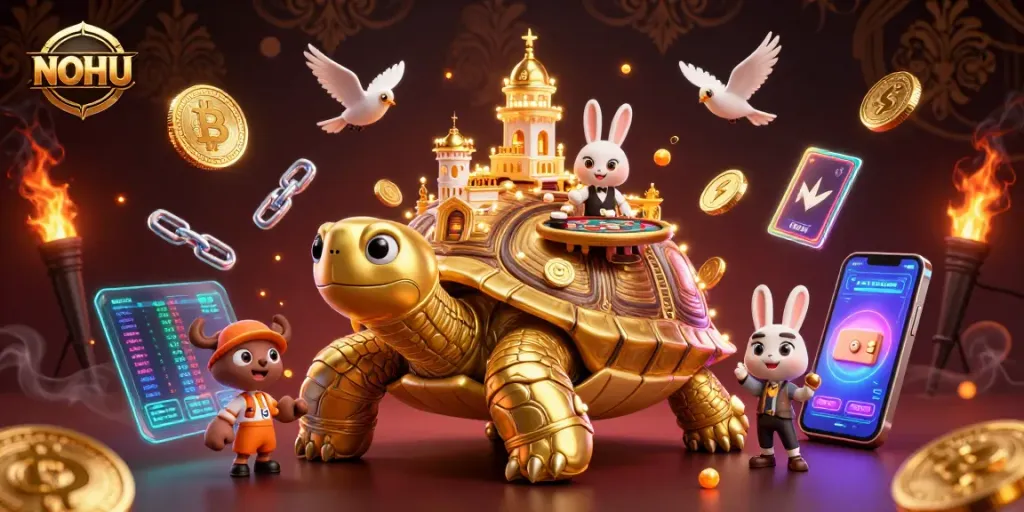 Engage with NOHU's dynamic casino ecosystem featuring a whimsical golden tortoise casino.