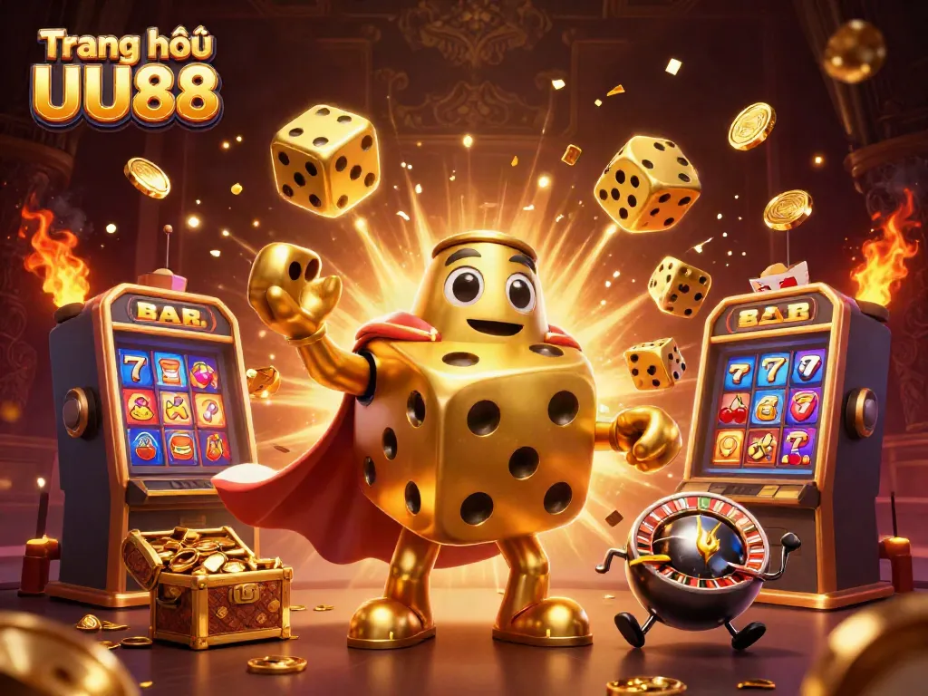 Engage with exciting games on Trang chủ UU88, featuring dynamic casino illustrations with golden dice and jackpot explosions.