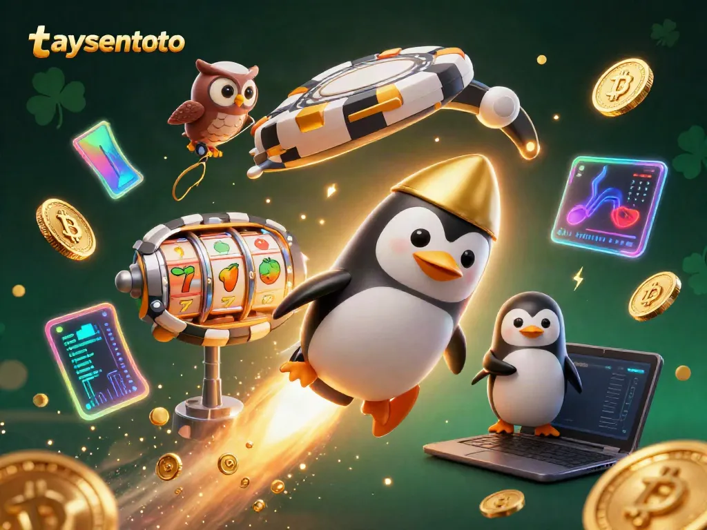 Slot online terbaru dengan taysentoto menampilkan penguin emas dan koin bersinar di luar angkasa.