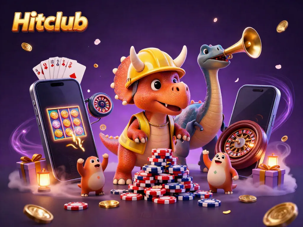 Hitclub showcases a dynamic 3D scene featuring animated characters celebrating winnings in a colorful casino environment.