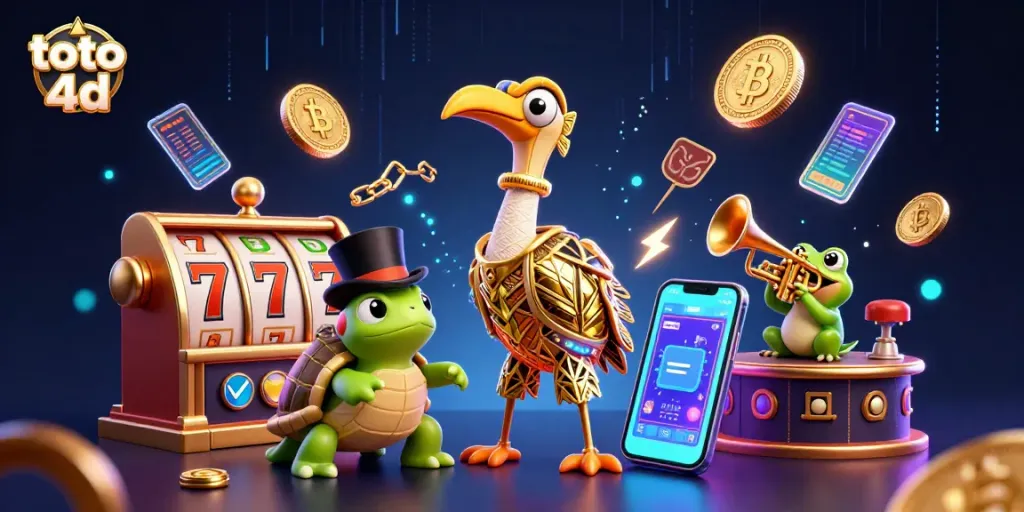 Memenangkan toto 4d dengan slot, jackpot, dan karakter kartun unik dalam ilustrasi menarik.