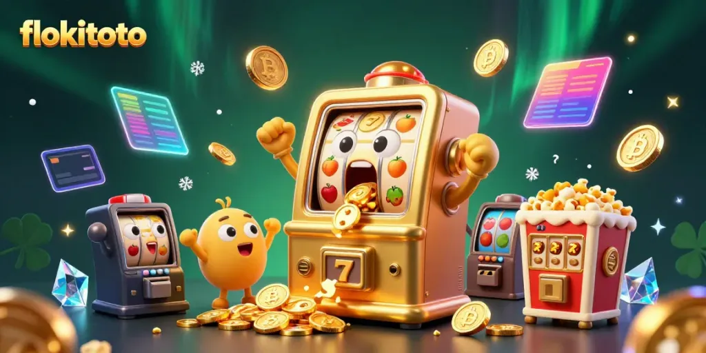 Catch the excitement in flokitoto as a golden slot machine hits the jackpot, surrounded by cheering mini machines.